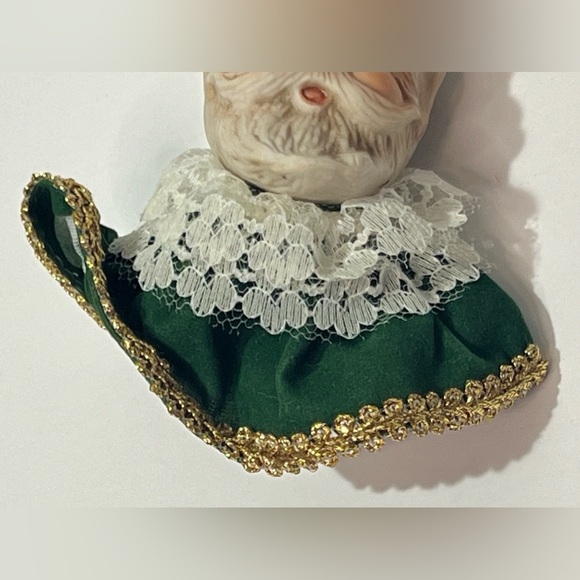 RARE Vintage Gnome Santa Elf Ornament Ceramic Velvet Lace Taiwan - Picture 3 of 8